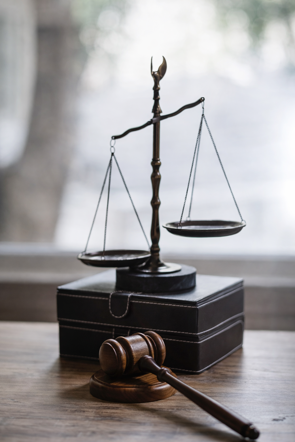 Maza junto balanza de la justicia sobre libros